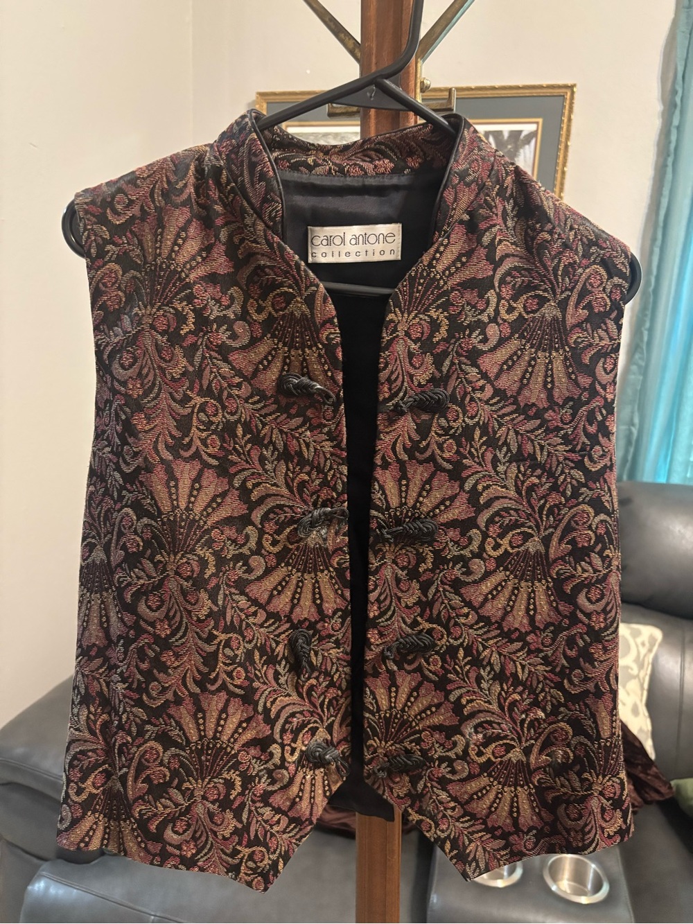Carol Adone Black Brocade Vest with Pink and Gold Embroidery